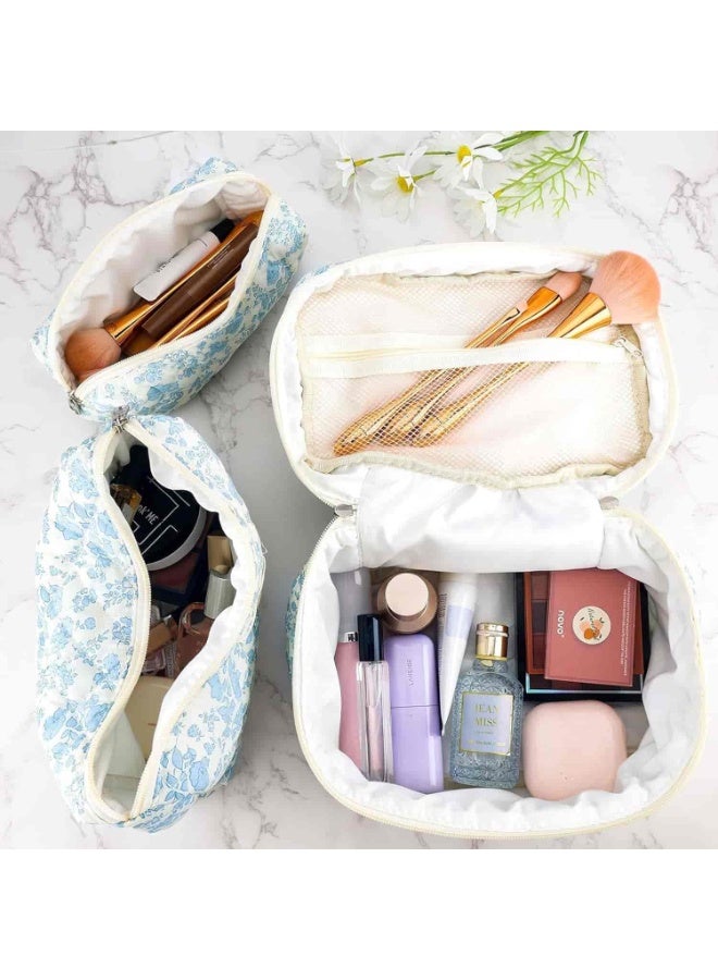 Mitoy 3 Pcs Cotton Quilted Makeup Bag Set, Floral Cosmetic Bag, Aesthetic Toiletry Travel Organizer Bag for Women Girls - Image 2